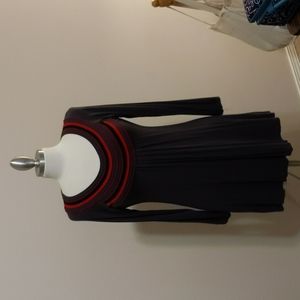 Soft flowing ZaZen dress in grey with red purple and black accents